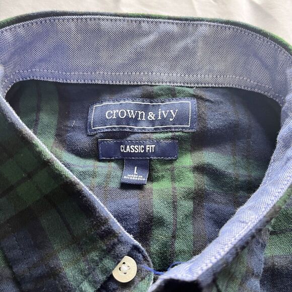 New Crown and Ivy Classic Fit‎ Green Blue Plaid Light Flannel Shirt Mens L - Picture 4 of 9